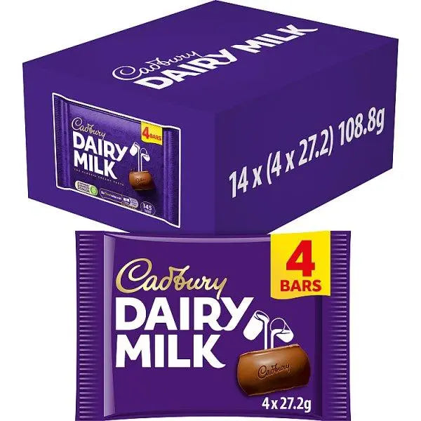 Cadbury Dairy Milk Chocolate Bar 4 Pack 108.8g (Case of 14) - Honesty Sales U.K Main image