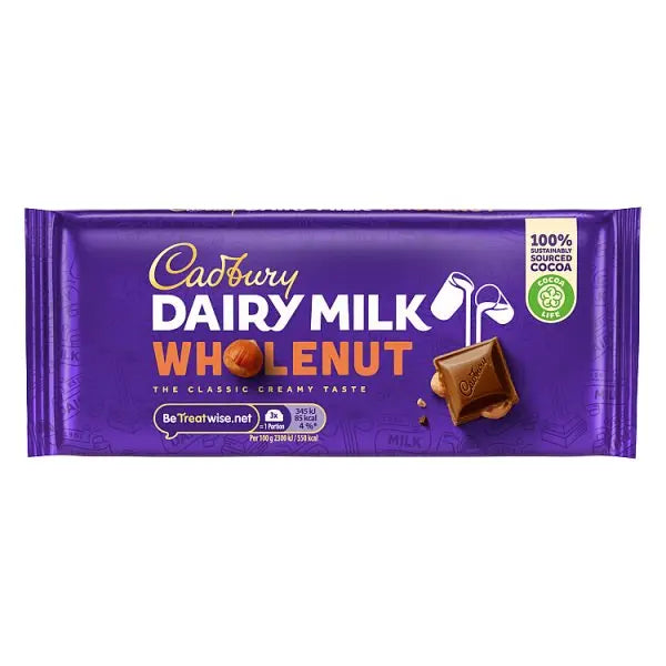 Cadbury Dairy Milk Wholenut Chocolate Bar 120g (Case of 16) - Honesty Sales