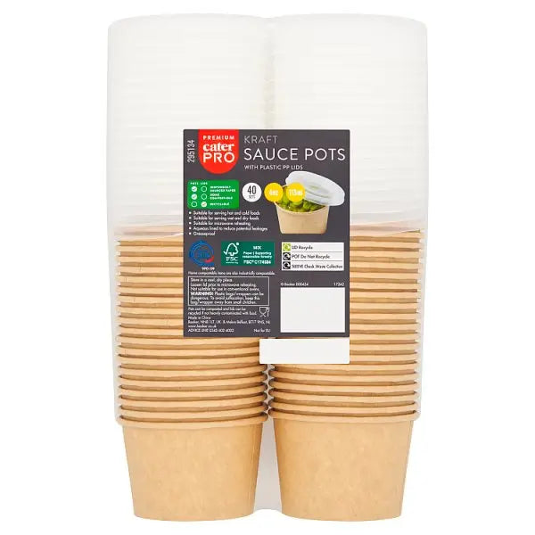 CaterPro 40 Kraft Sauce Pots with Plastic PP Lids 113ml  Honesty Sales U.K