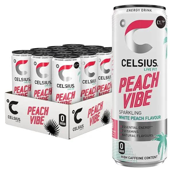 Celsius Peach Vibe Energy Drink 355ml (Case of 12)  Honesty Sales U.K