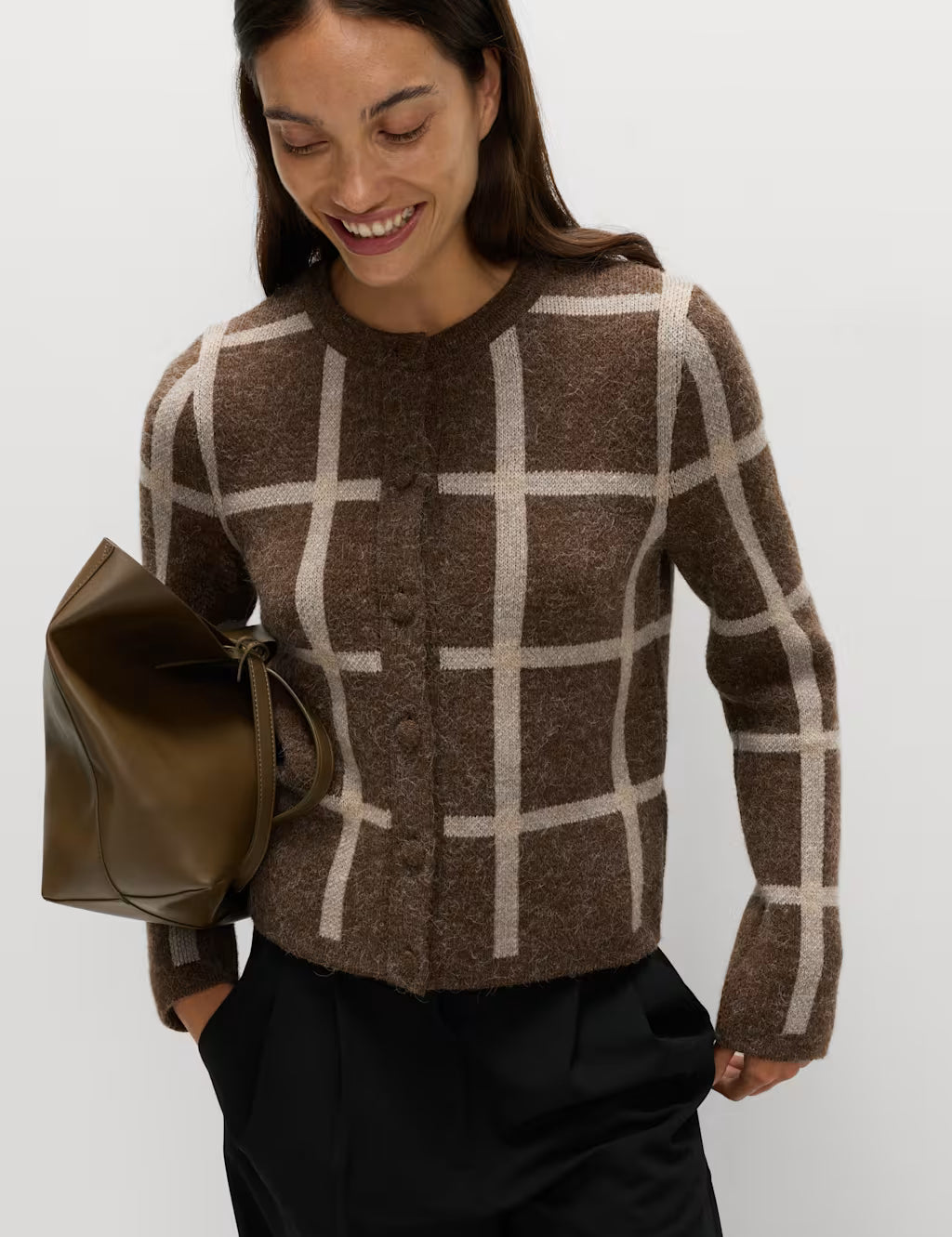 Checked Crew Neck Cardigan With Wool  Honesty Sales U.K