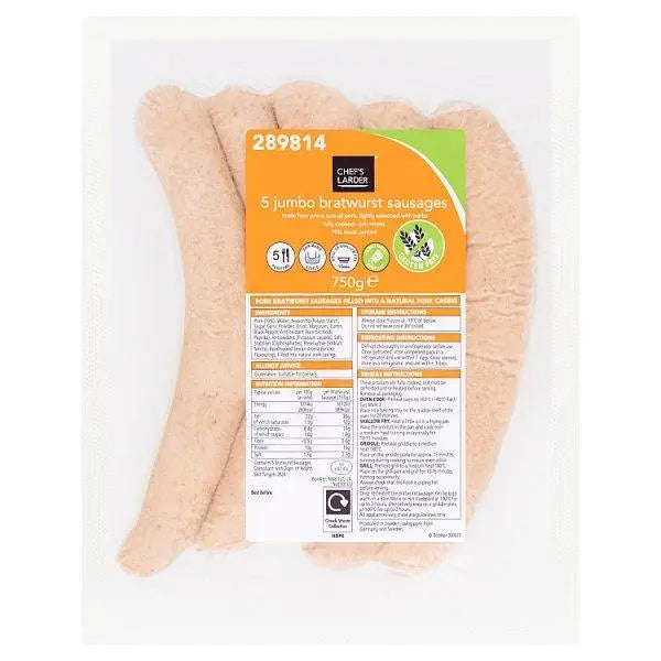 Chefs Larder 5 Jumbo Bratwurst Sausages 750g - Honesty Sales