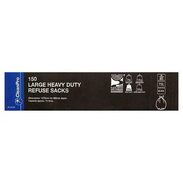 CleanPro 150 Large Heavy Duty Refuse Sacks Black 75L - Honesty Sales