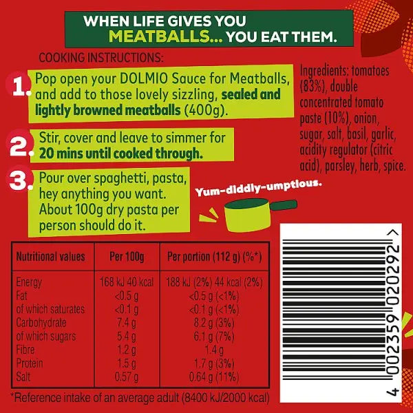 Dolmio Tomato & Basil Sauce for Meatballs 450g (Case of 6) - Honesty Sales