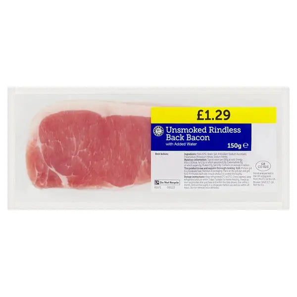 Euro Shopper Unsmoked Rindless Back Bacon with Added Water 150g Euro Shopper