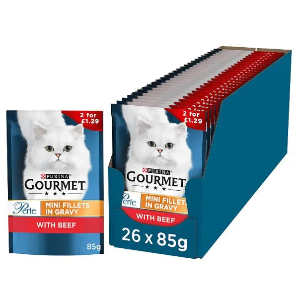 GOURMET Perle Mini Fillets in Gravy Beef Wet Cat Food 85g (Case of 26)  Honesty Sales U.K