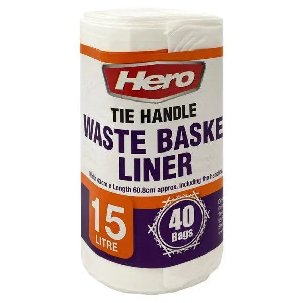 Hero 40 Tie Handle Waste Basket Liner Bags 15 Litre - Honesty Sales