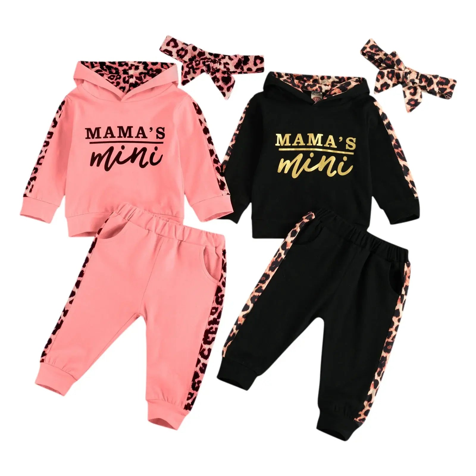 Infant Baby Girl 3-Piece Outfit Set - Hooded T-shirt, Long Pants, and Headband - Letter Print, Leopard Stitching - Spring/Fall Clothes Honesty Sales U.K Hauptbild