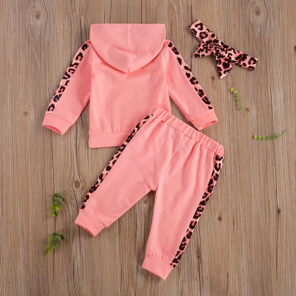 Infant Baby Girl 3-Piece Outfit Set - Hooded T-shirt, Long Pants, and Headband - Letter Print, Leopard Stitching - Spring/Fall Clothes Honesty Sales U.K
