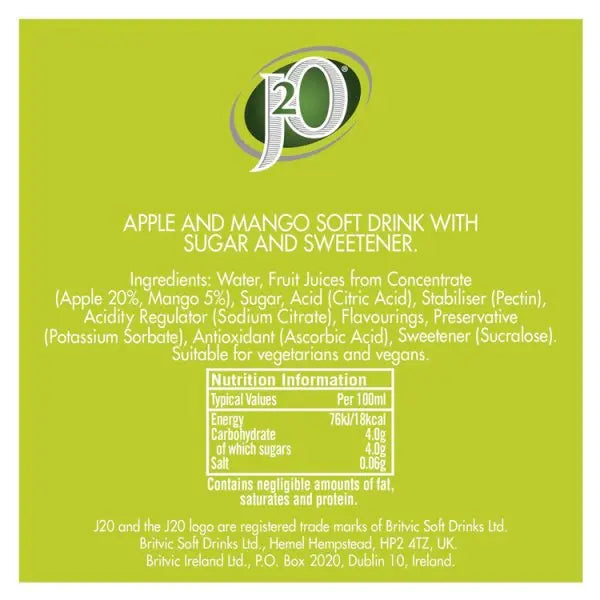 J2O Apple & Mango 12 x 275ml (Case of 12)  Honesty Sales U.K