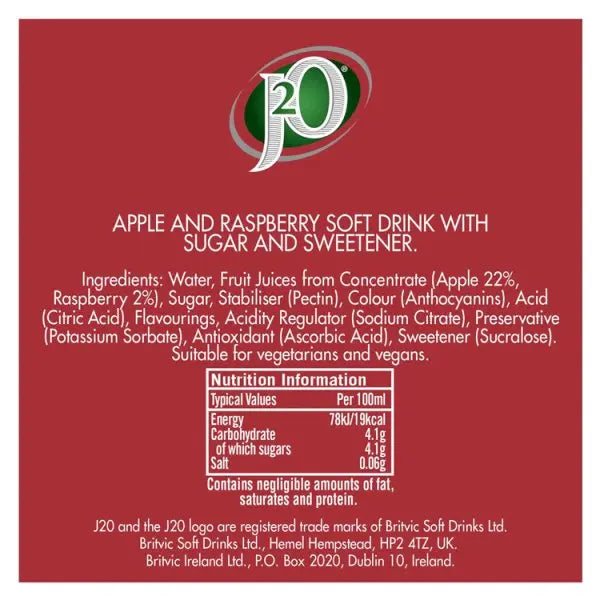 J2O Apple & Raspberry 275ml (Case of 12)  Honesty Sales U.K