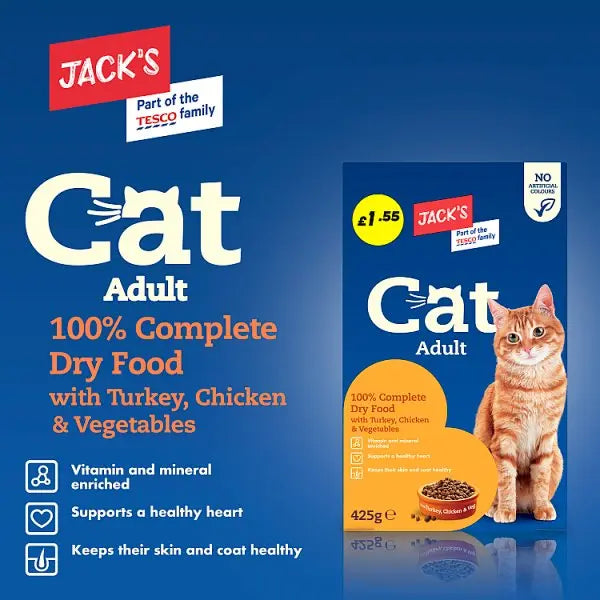 Jack's Cat Adult 100% Complete Dry Food with Turkey, Chicken & Vegetables 425g (Case of 8)  Honesty Sales U.K