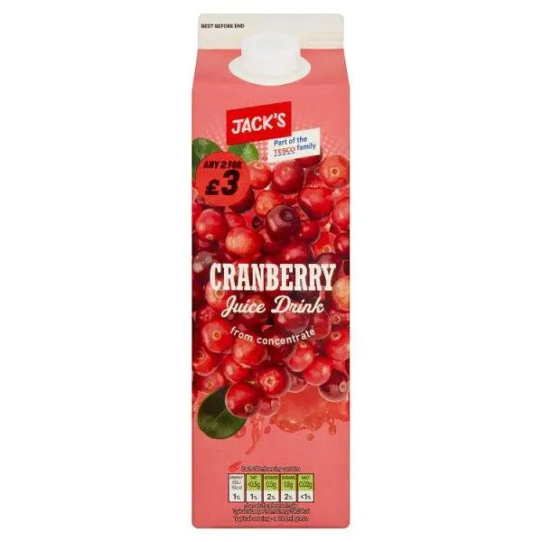 Jack's Cranberry Juice Drink from Concentrate 1 Litre (Case of 6) - Honesty Sales