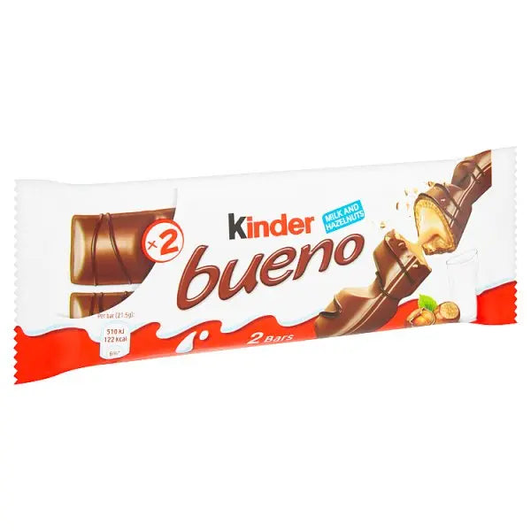 Kinder Bueno Milk Chocolate and Hazelnut Twin Bars Single Pack 43g (Case of 30)  Honesty Sales U.K