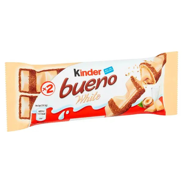Kinder Bueno White Chocolate & Hazelnut Wafer Biscuit Snack Bar 39g (Case of 30)  Honesty Sales U.K