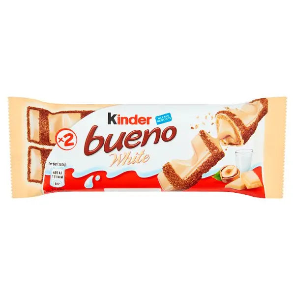 Kinder Bueno White Chocolate & Hazelnut Wafer Biscuit Snack Bar 39g (Case of 30)  Honesty Sales U.K