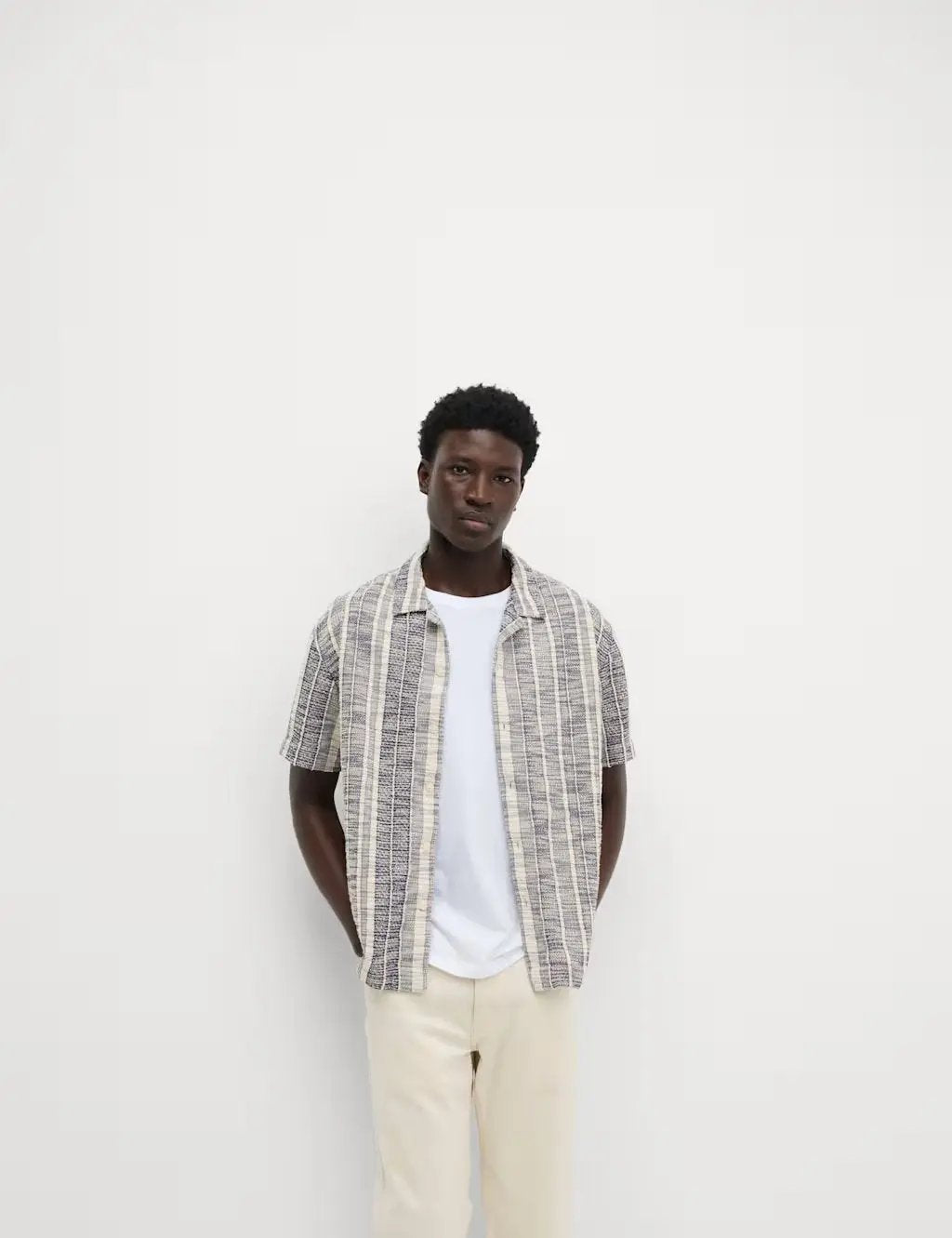 M&S Regular Fit Easy Iron Cotton Blend Striped Shirt - Honesty Sales