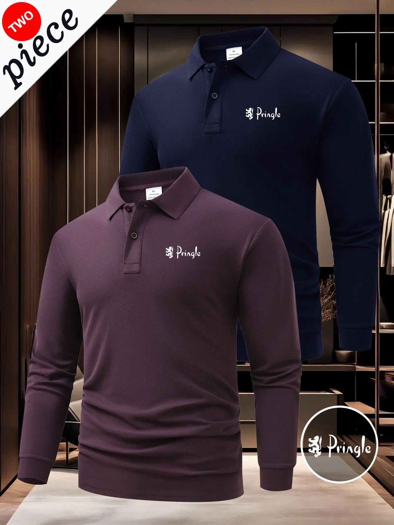 Men’s 2-Pack Long Sleeve Polo Shirts – Button Collar Logo Business Casual Tops Secondary image