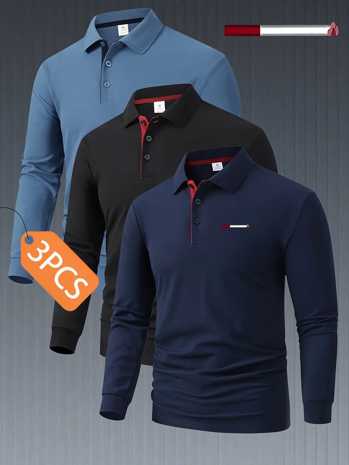 Men’s 3-Pack Long Sleeve Polo Shirts – Button Collar, Color Block, Smart Casual  Honesty Sales U.K Main image