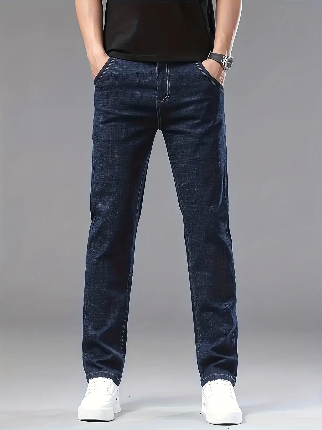 Men’s Business Casual Stretch Jeans – Straight-Leg Denim (Dark Blue) Zweitbild