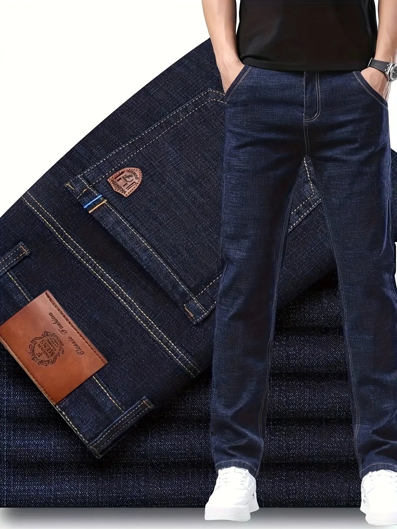 Men’s Business Casual Stretch Jeans – Straight-Leg Denim (Dark Blue)  Honesty Sales U.K