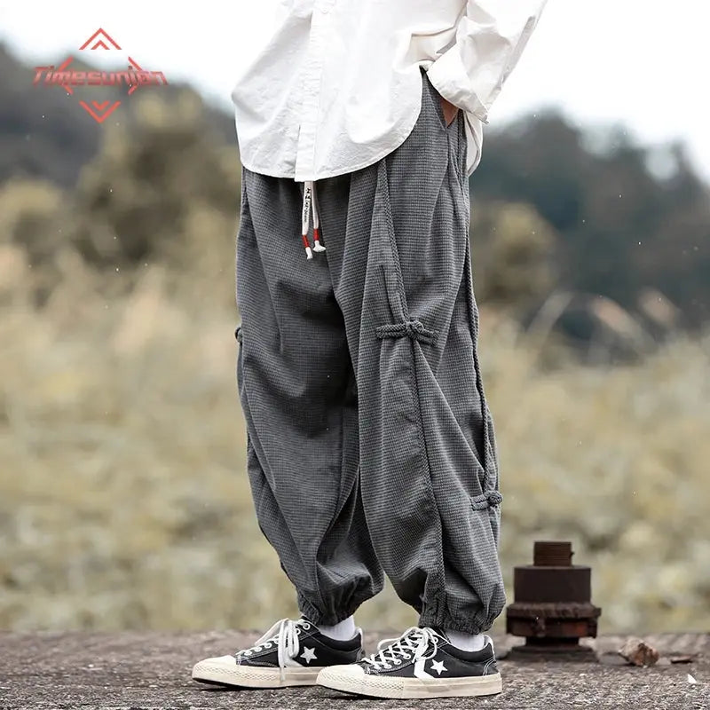 Men’s Chinese-Style Hanfu Cargo Pants – Elastic Waist, Buckle Design, Japanese Casual Hallen Trousers  Honesty Sales U.K