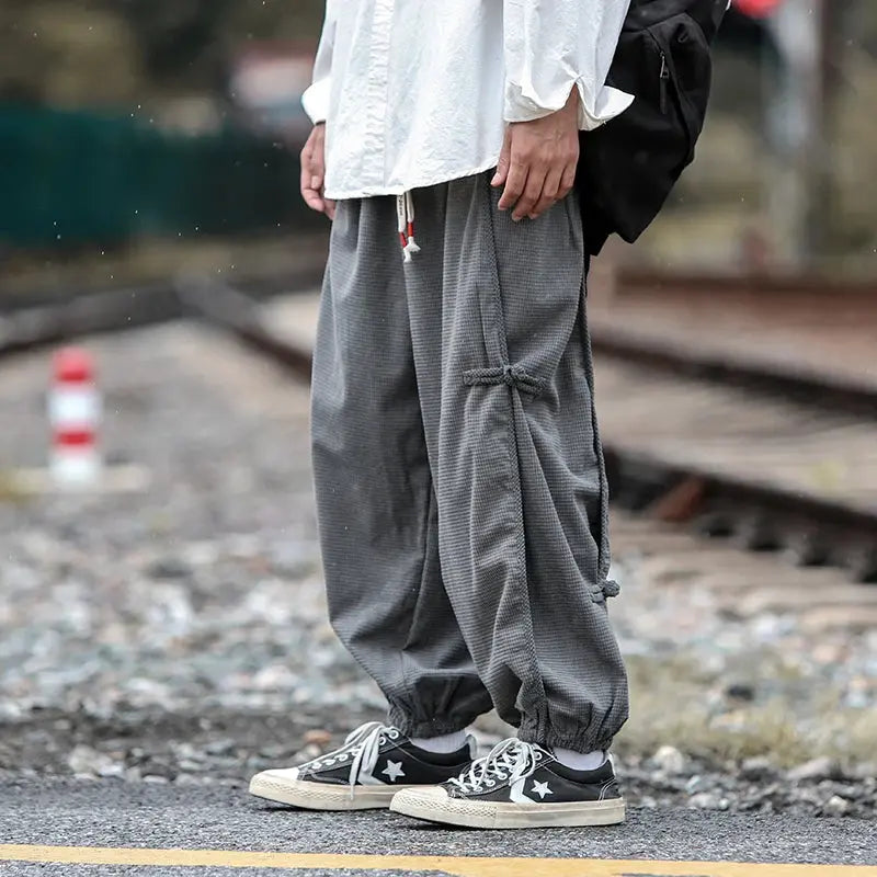 Men’s Chinese-Style Hanfu Cargo Pants – Elastic Waist, Buckle Design, Japanese Casual Hallen Trousers  Honesty Sales U.K