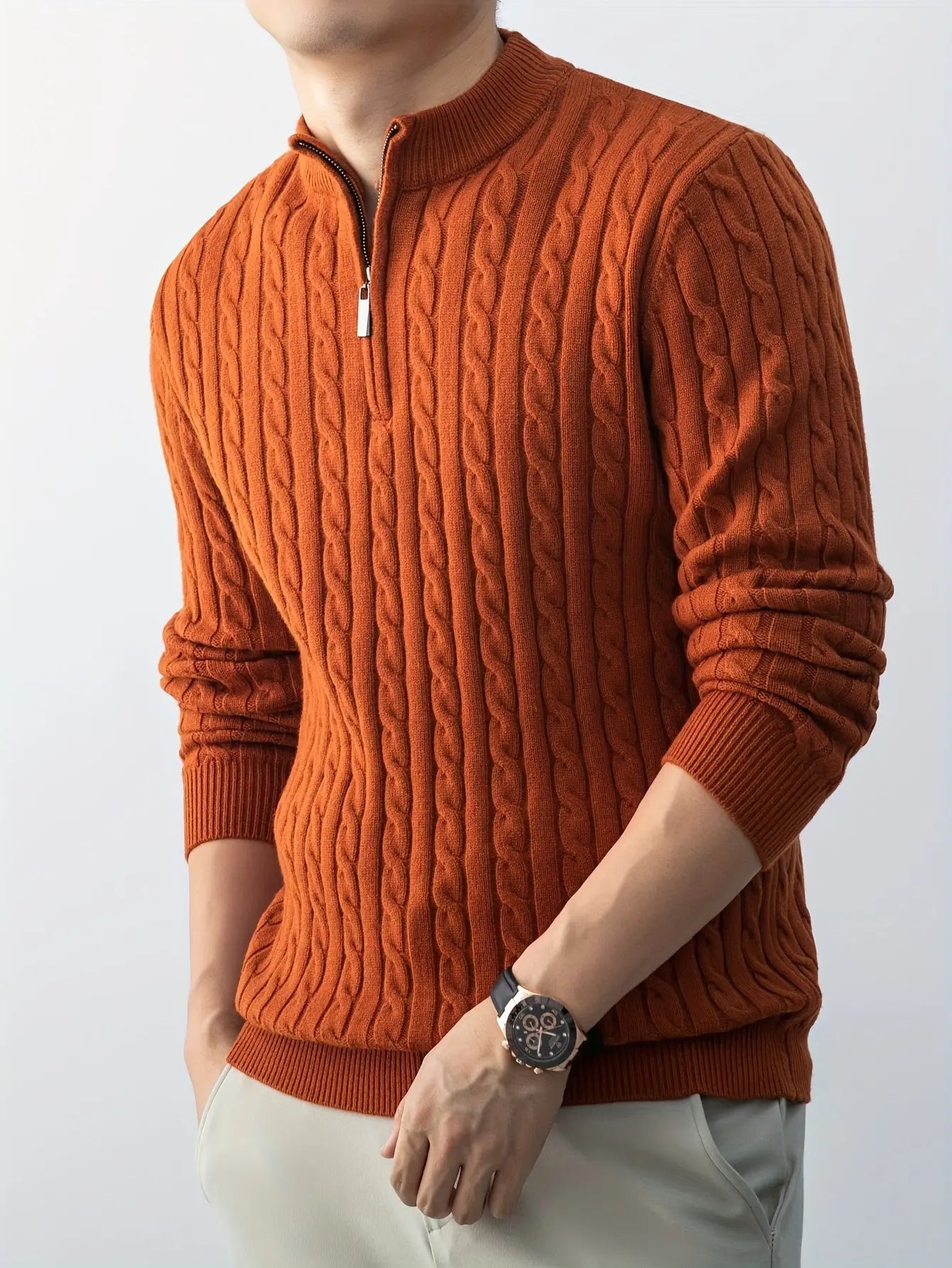 Men’s Chunky Cable Knit Quarter-Zip Sweater – Stand Collar Winter Pullover  Honesty Sales U.K Main image