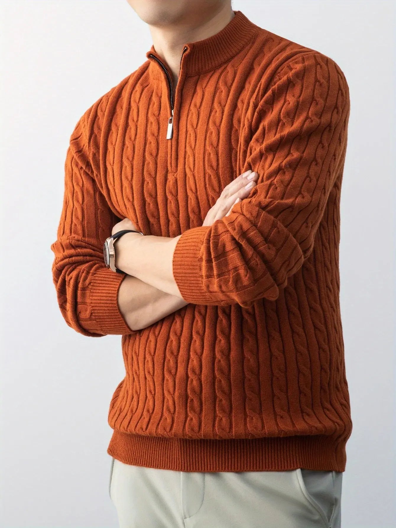 Men’s Chunky Cable Knit Quarter-Zip Sweater – Stand Collar Winter Pullover  Honesty Sales U.K