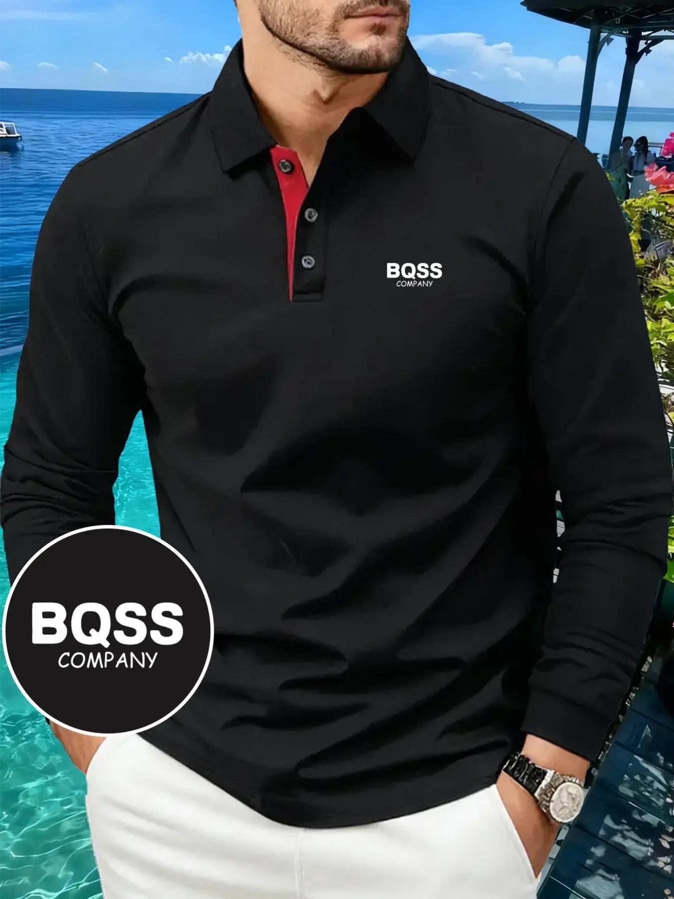 Men’s Fall/Winter Long Sleeve Shirt – Letter Print, Color-Block Collar, Regular Fit  Honesty Sales U.K Main image