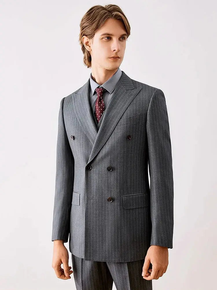 Men’s Grey Stripe Double-Breasted 3-Piece Suit – 19% Wool, Wedding, Business & Office Wear  Honesty Sales U.K