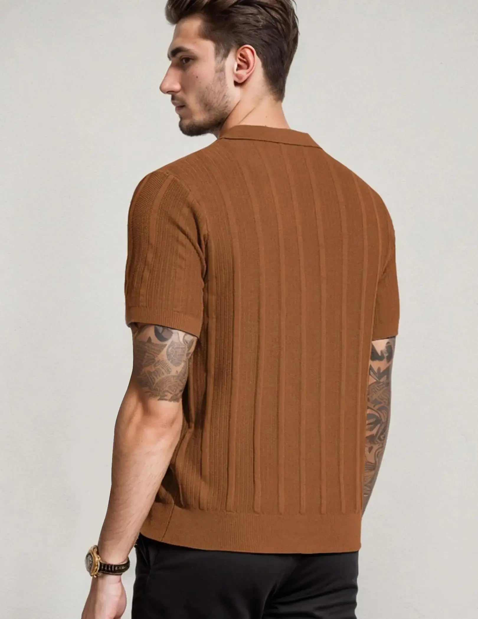 Men's Long Sleeve Textured Polo Collar Casual Sweater  Honesty Sales U.K