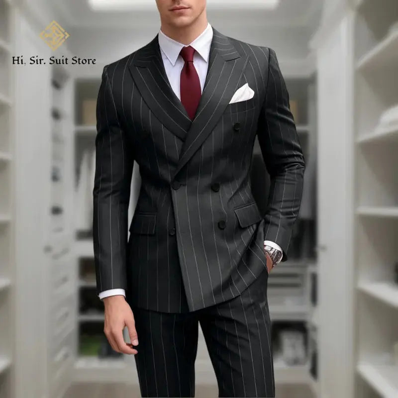 Men’s Plus Size Blue Striped Double-Breasted Suit – 2-Piece Blazer Set (European & American Style)  Honesty Sales U.K