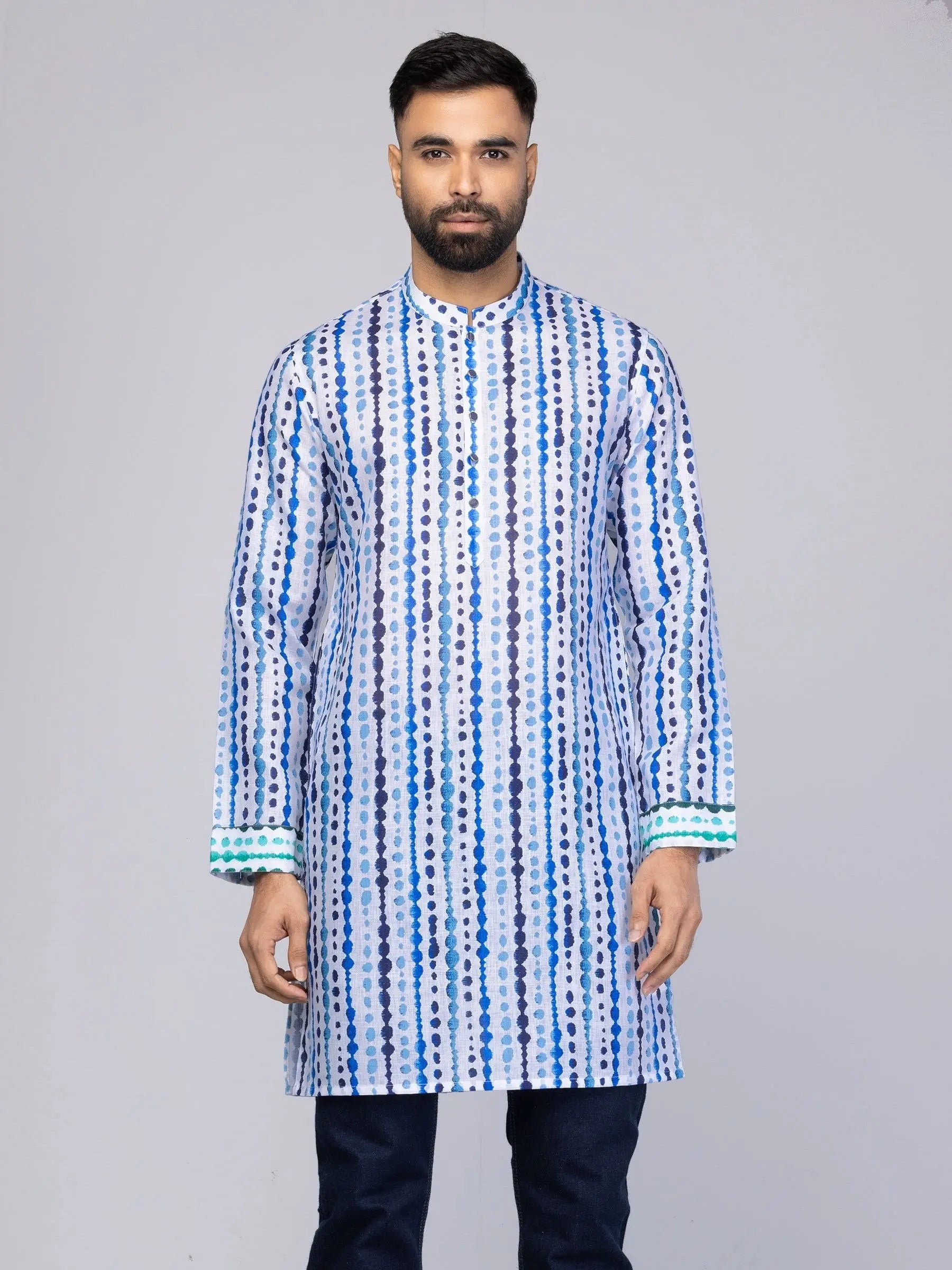 Men's White Printed Mixed Cotton Slim Fit Short Kurta  Honesty Sales U.K
