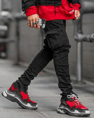 Mens Stretch Jeans Black Big Side Pockets Cargo Jeans Fashion Zipper Small Foot Denim Pants Elastic Jogging Trousers Streetwear Dropshipman