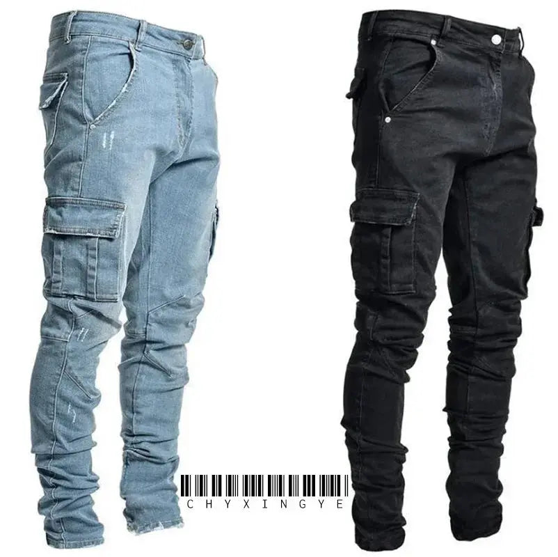 Mens Stretch Jeans Black Big Side Pockets Cargo Jeans Fashion Zipper Small Foot Denim Pants Elastic Jogging Trousers Streetwear Dropshipman