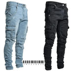 Mens Stretch Jeans Black Big Side Pockets Cargo Jeans Fashion Zipper Small Foot Denim Pants Elastic Jogging Trousers Streetwear Dropshipman