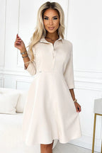 Numoco beige color shirred flared dress - Honesty Sales
