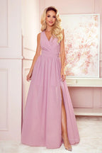 Numoco justine maxi long gown with neckline, leg slit and back tie - Honesty Sales