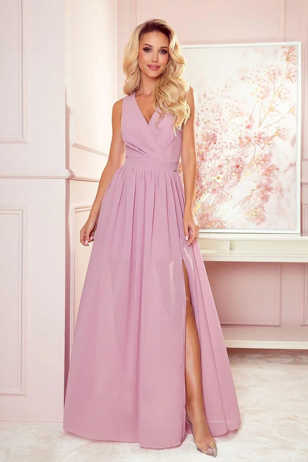 Numoco justine maxi long gown with neckline, leg slit and back tie - Honesty Sales
