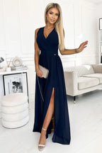 Numoco justine maxi long gown with neckline, leg slit and back tie - Honesty Sales