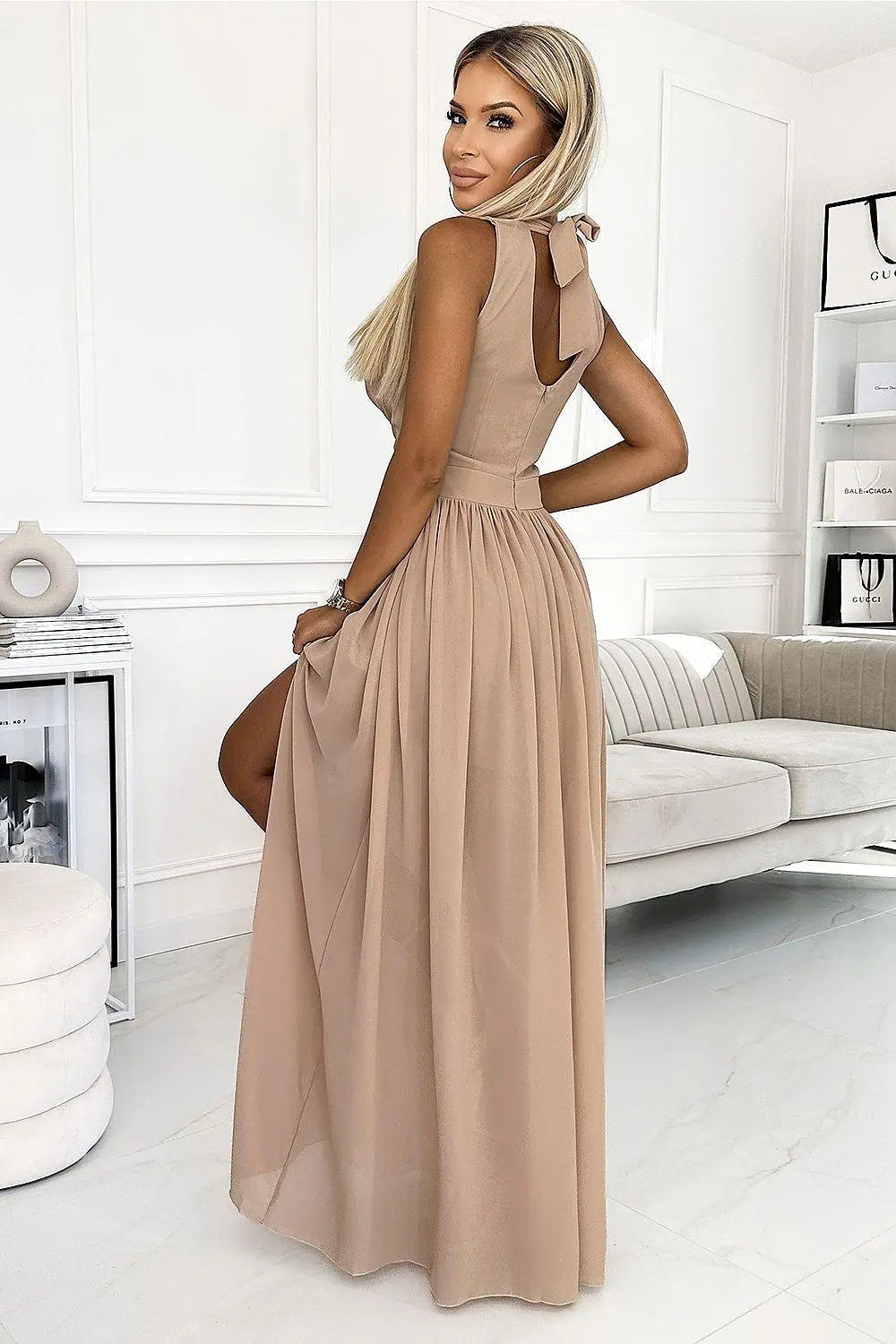 Numoco justine maxi long gown with neckline, leg slit and back tie - Honesty Sales