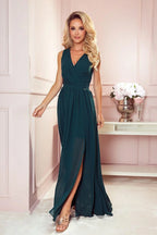 Numoco justine maxi long gown with neckline, leg slit and back tie - Honesty Sales