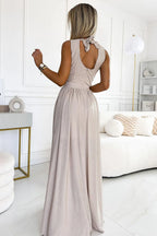 Numoco justine maxi long gown with neckline, leg slit and back tie - Honesty Sales