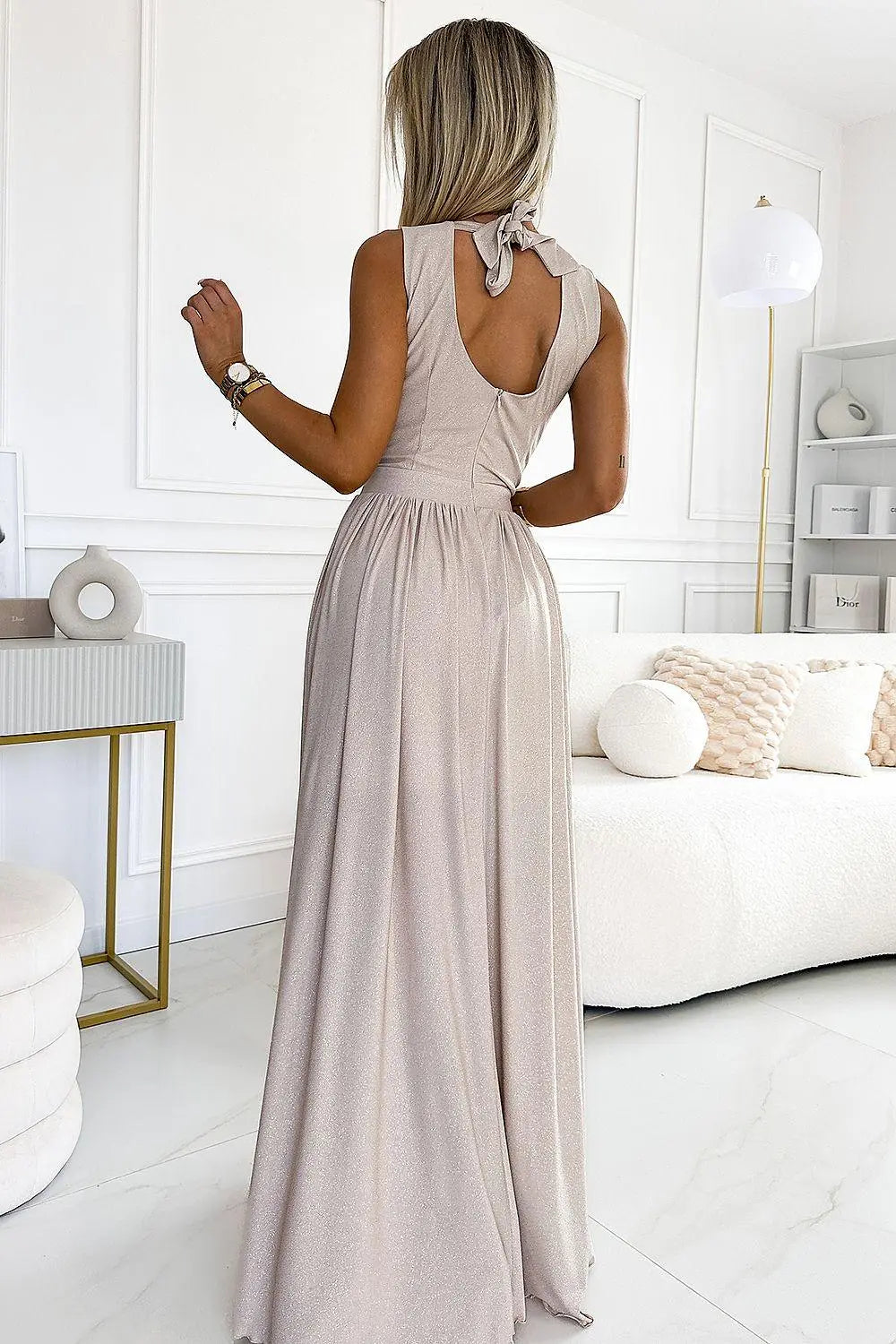 Numoco justine maxi long gown with neckline, leg slit and back tie - Honesty Sales