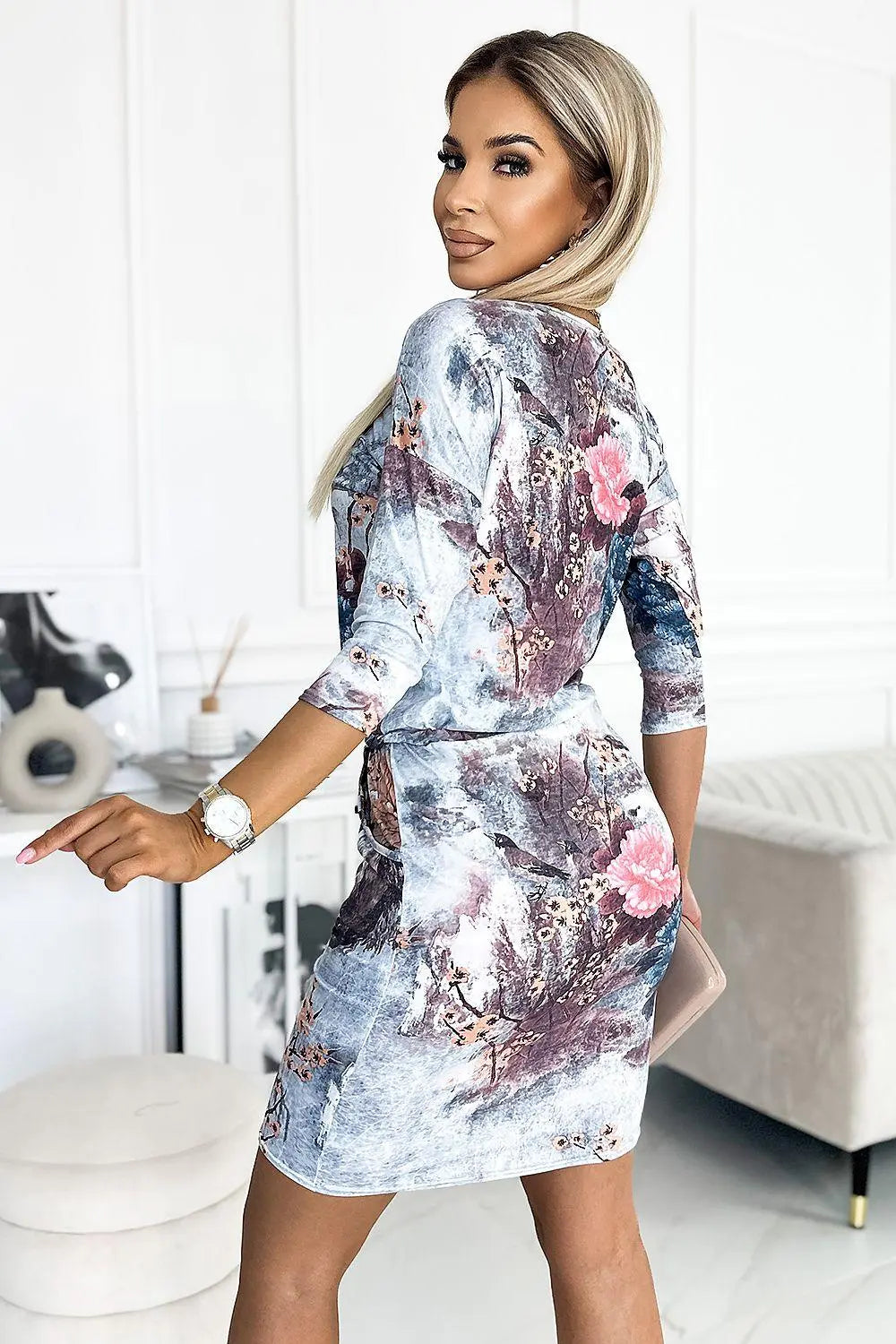 Numoco porty daydress with binding, 3/4 sleeves and pockets, flowers on a stone background - Honesty Sales