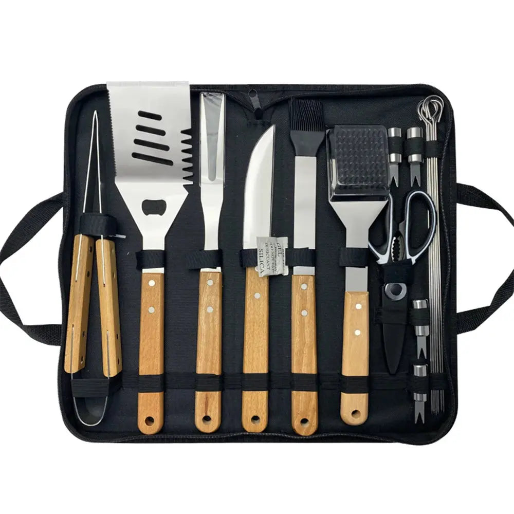 Outdoor BBQ Tool Set – Stainless Steel Grill Accessories with Wooden Handle Fork, Shovel, Clip & Cloth Bag for Camping Barbecue  Honesty Sales U.K Main image
