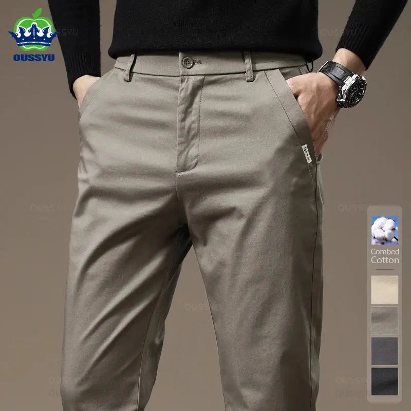 Premium Combed Cotton Men's Chinos | Business Casual Straight Fit Pants | Solid Color Gray Trousers Dropshipman Main image