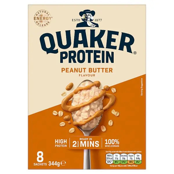Quaker High in Protein Peanut Butter Porridge Sachets 8x43g (Case of 6) - Honesty Sales