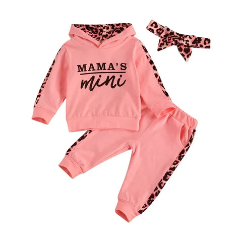 Infant Baby Girl 3-Piece Outfit Set - Hooded T-shirt, Long Pants, and Headband - Letter Print, Leopard Stitching - Spring/Fall Clothes - Honesty Sales U.K